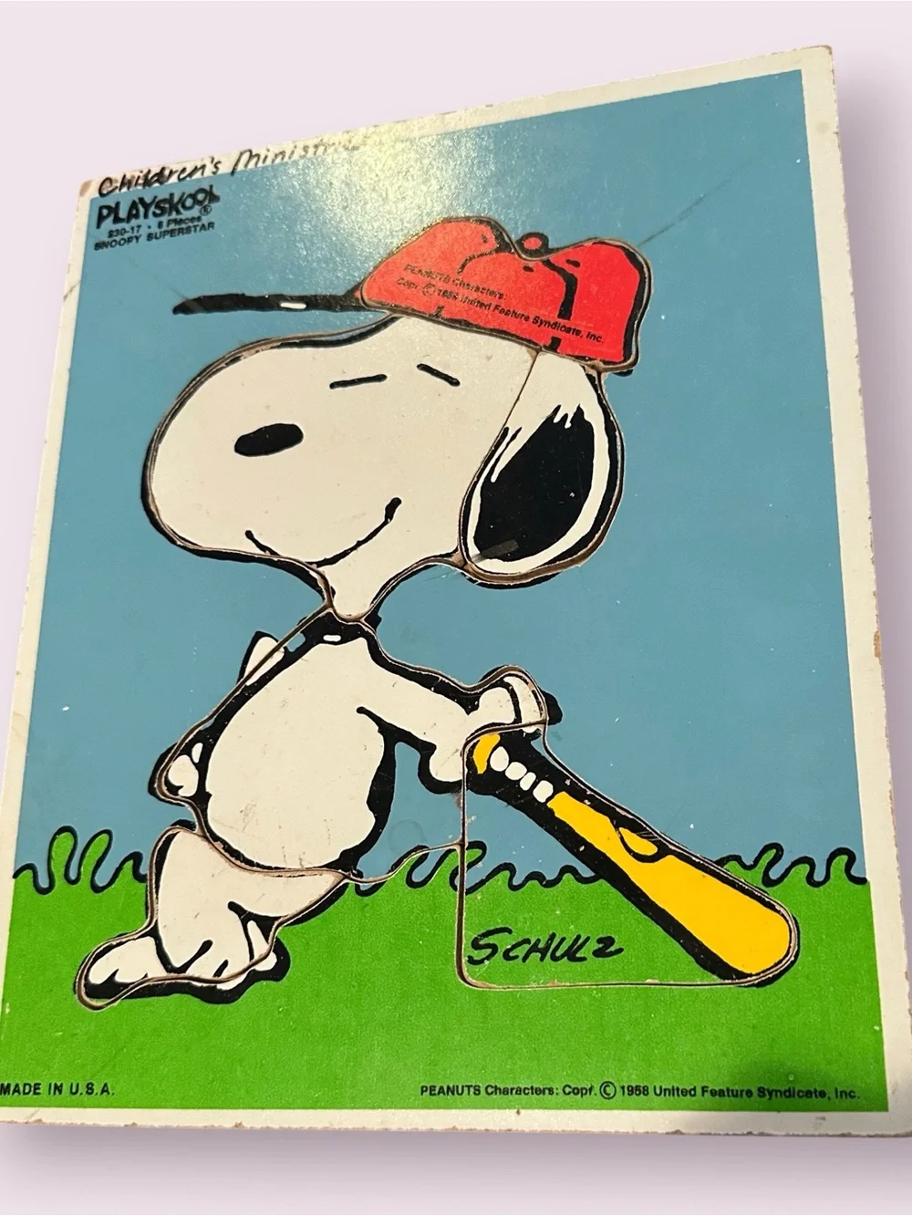 Vintage Playskool Schulz Peanuts Snoopy Baseball Wood Cardboard Puzzle